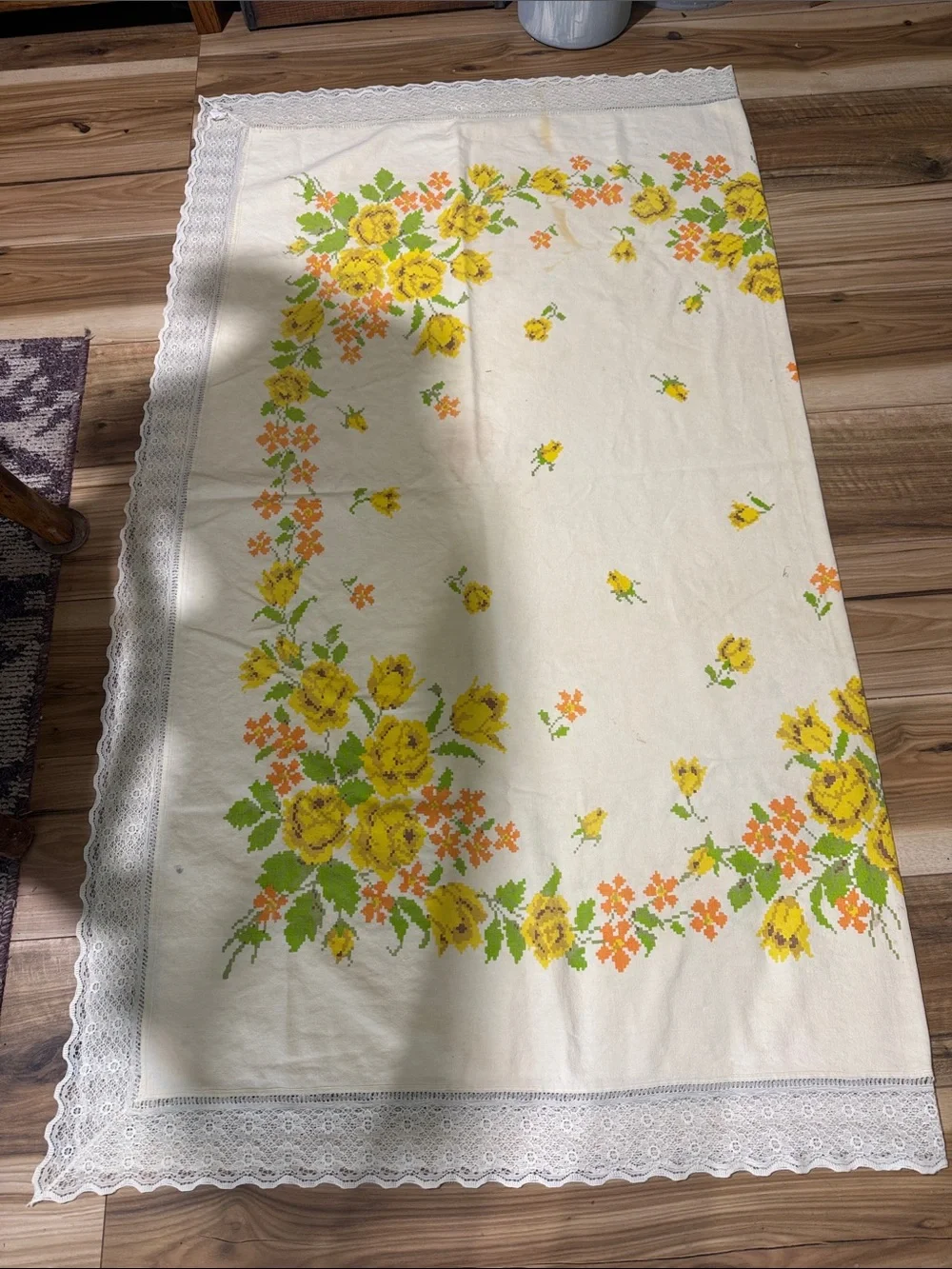 Vintage antique cross stitch fabric and lace yellow floral tablecloth 66x57